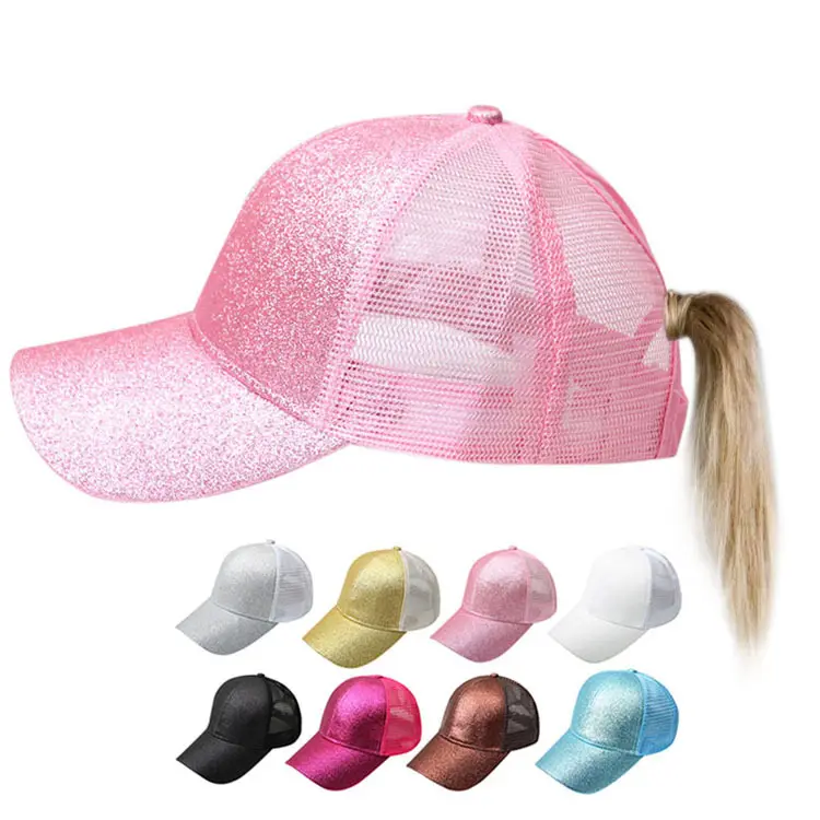 Outdoor Glitter Ponytail Hat Baseball Caps Fashion Adjustable Mesh Trucker Hats For Women
