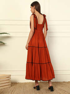 DEEBACO Robe longue évasée en rayonne tissée unie à volants, taille haute, col cœur, sans manches, pour femme, été automne - Product Image 3
