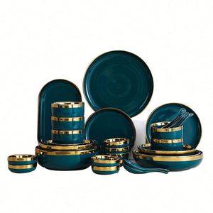 Juego de vajilla nórdica ecológica de gres con patrón de dibujos animados, 2 juegos de tazas, cuencos de arroz y platos de pescado para el hogar, estilo occidental. - Product Image 1