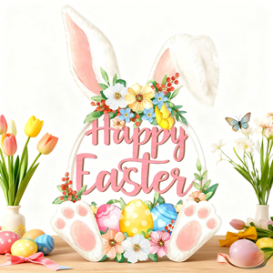 Easter Decor Welcome Sign Rabbit Painted Eggs Wooden Hanging <b>Plaque</b> Colorful Spring Festival Door Wall Decoration for <b>Home</b> Party - Product Image 1