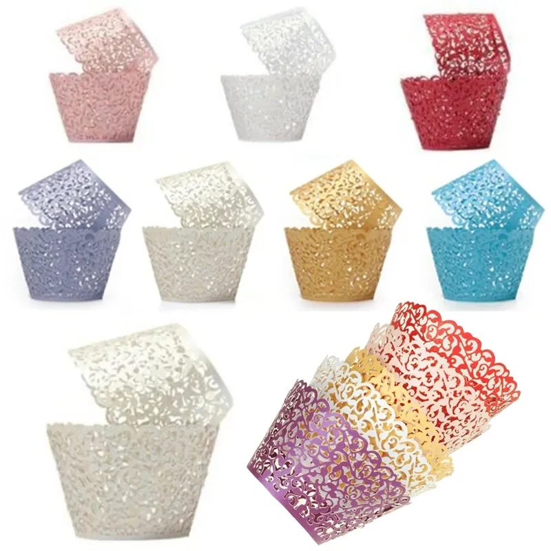 50pcs Cupcake Wrappers Lace Laser Cut Cupcake Liner Baking Cup Oco Paper Cake Cup Decoração Feliz Aniversário Bolo Topper SP-91