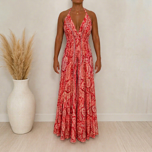 Women's Red Paisley Print Boho V-neck Fit Flare Maxi <b>Dress</b> Woven 100% <b>Silk</b> Regular Fit <b>Summer</b> Casual Wear Floor-Length Ruffles - Product Image 1