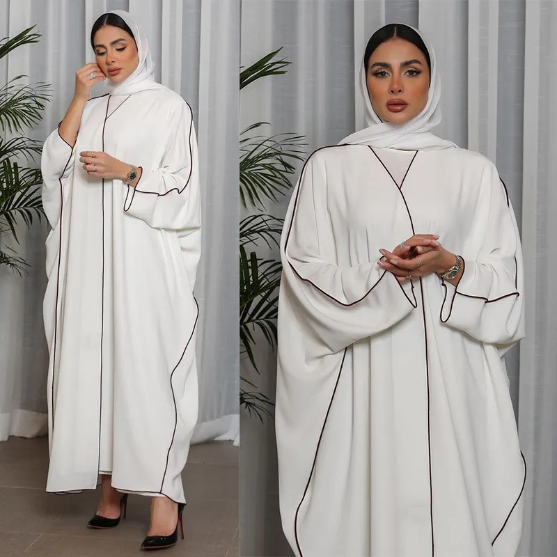 عباية بيضاء عالية الجودة فستان إسلامي نسائي مقاس كبير بلون واحد عباية مزخرفة مثلجة حرير رداء طويل عباية نسائية إسلامية