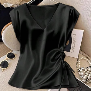 Women's <b>Satin</b> V-Neck Drawstring Ruched <b>Blouse</b> - Cap Sleeve Asymmetrical Hem Top Shirt Fashion - Product Image 3