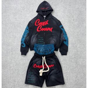 Ensemble de vêtements de sport vintage pour hommes 100% coton personnalisé Joggers en strass délavés et sweat à capuche tricoté avec patch brodé - Product Image 2