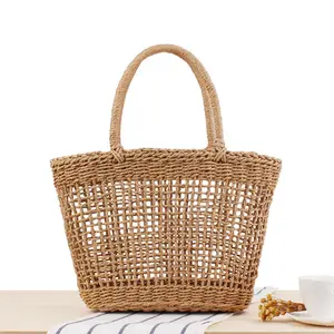 新着夏のビーチバッグ手作りかぎ針編み籐織りニットメッシュ中空ストローバスケットハンドバッグ