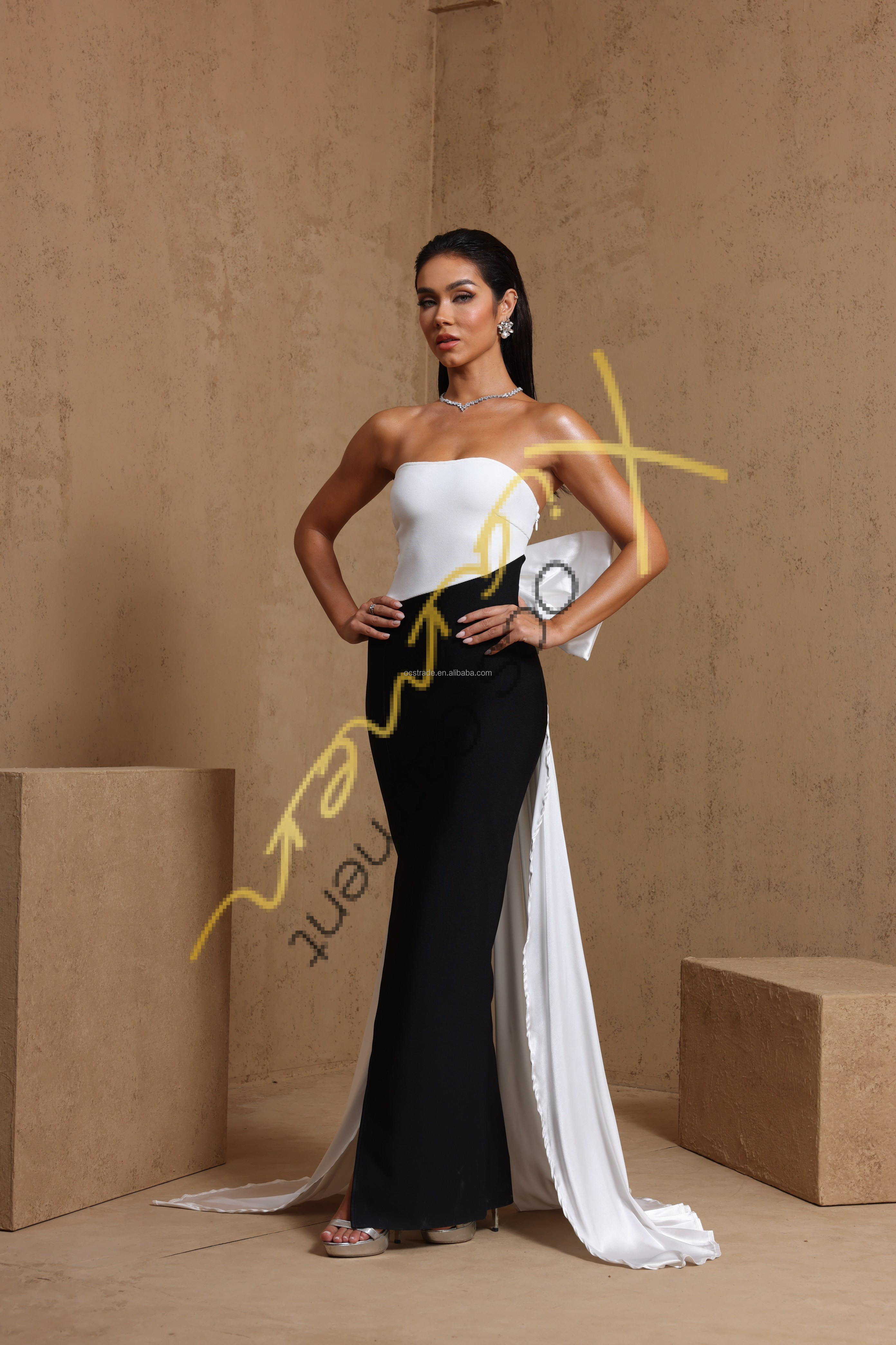 long black dress with white bow Alice Bow Maxi Dress - Black/White