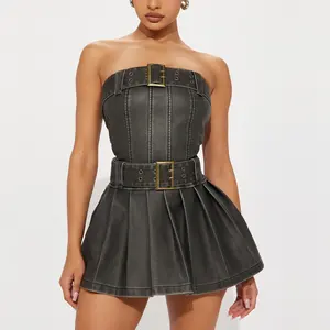 Vente en gros Y2K Fashion Style Ceinturé Stone Washed Off Shoulder Romper Skort Vêtements d'été Robes pour femmes