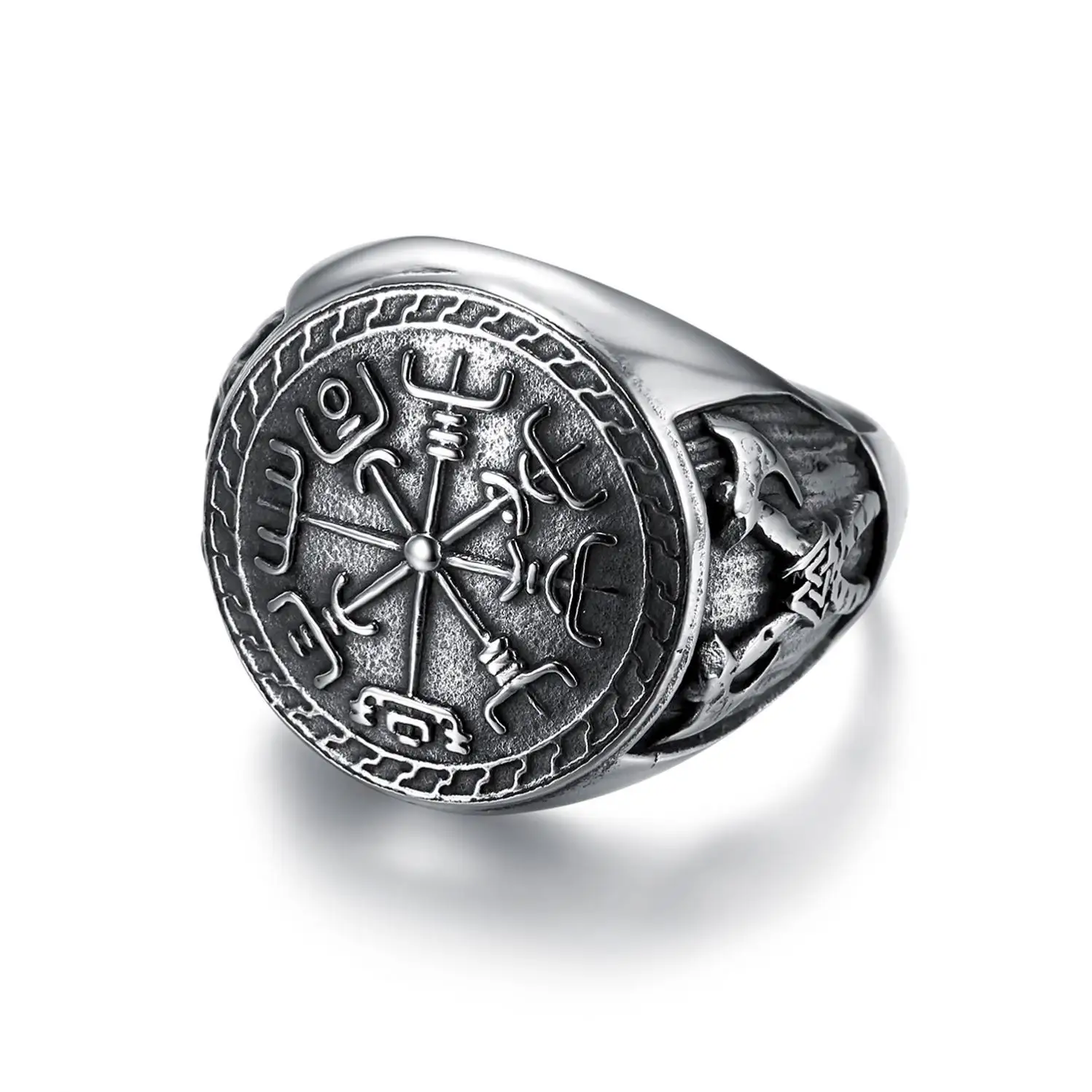 Mythologie Amulet Nordic Retro Dubbele Bijl Totem Ring Vegvisir Viking Kompas Roestvrij Staal Ringen Mannen Voor Dagelijks Gebruik
