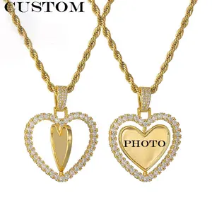 Factory Custom Rotating Heart Shaped Diamond Photo Necklace Couple Memory Pendant Dropshipping