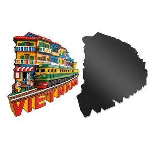 Aimant de réfrigérateur personnalisé promotionnel pour la promotion de la marque, motif scène de rue du Vietnam avec train et architecture vintage colorée, cadeau de voyage - Product Image 1