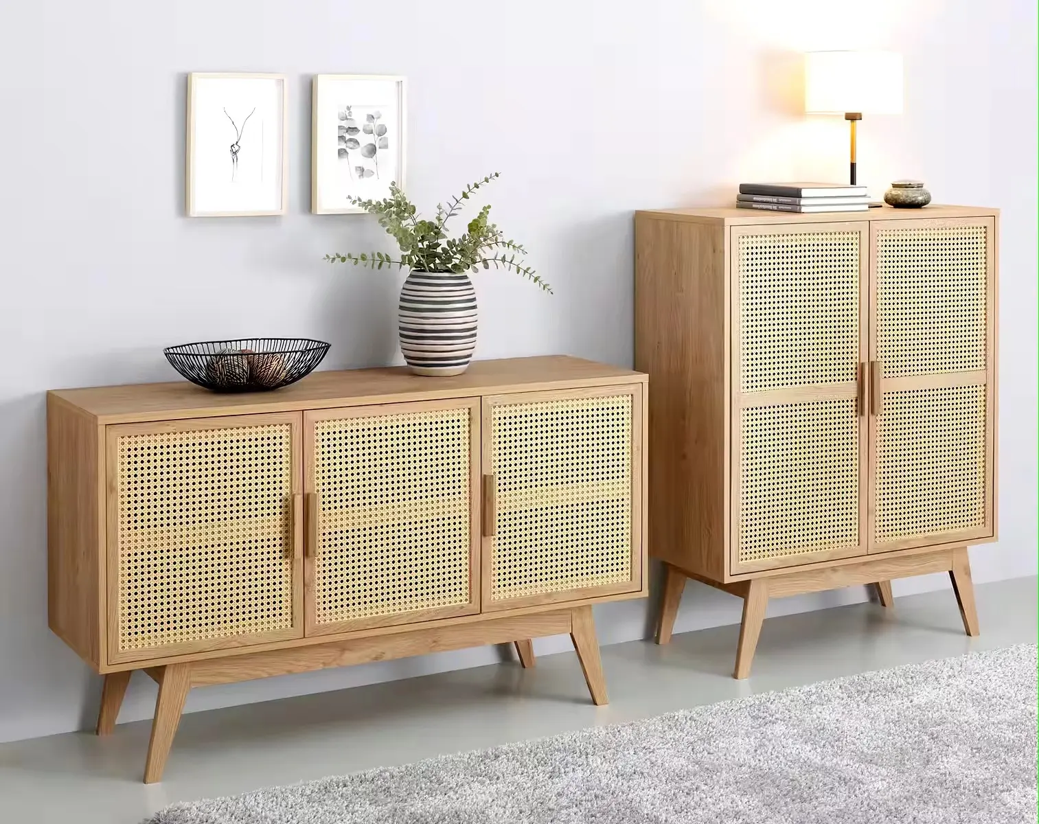 Wood Storage Cabinet with Adjustable Shelves Sideboard Buffet Cabinet with Storage Accent Rattan Cabinet for Dinging Room