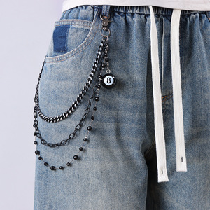 Cadena de cintura multicapa negra con bola 8, accesorio de mezclilla estilo hip hop, cadena corporal de moda casual - Product Image 1