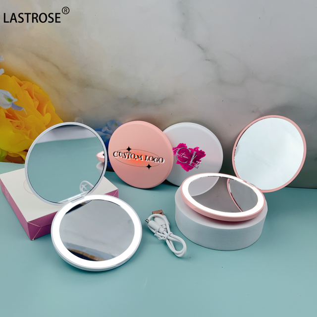 Cosmetic Handheld LED Makeup Mirror Private Label Mini Double-sided Round Pocket Mirror Rechargeable Travel Mirror