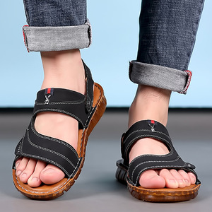 Men's Solid Genuine Leather <b>Flat</b> <b>Sandals</b> Open Toe Anti-Slippery Rubber Outsole Casual Outdoor Shoes Size 40-45 - Product Image 1