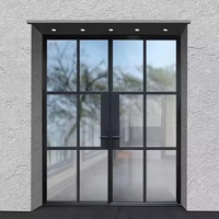 Porte d'entrée moderne à cadre fin en alliage d'aluminium et verre, avec design à battants français pour la décoration de villa, grille française en verre, dessus arqué
