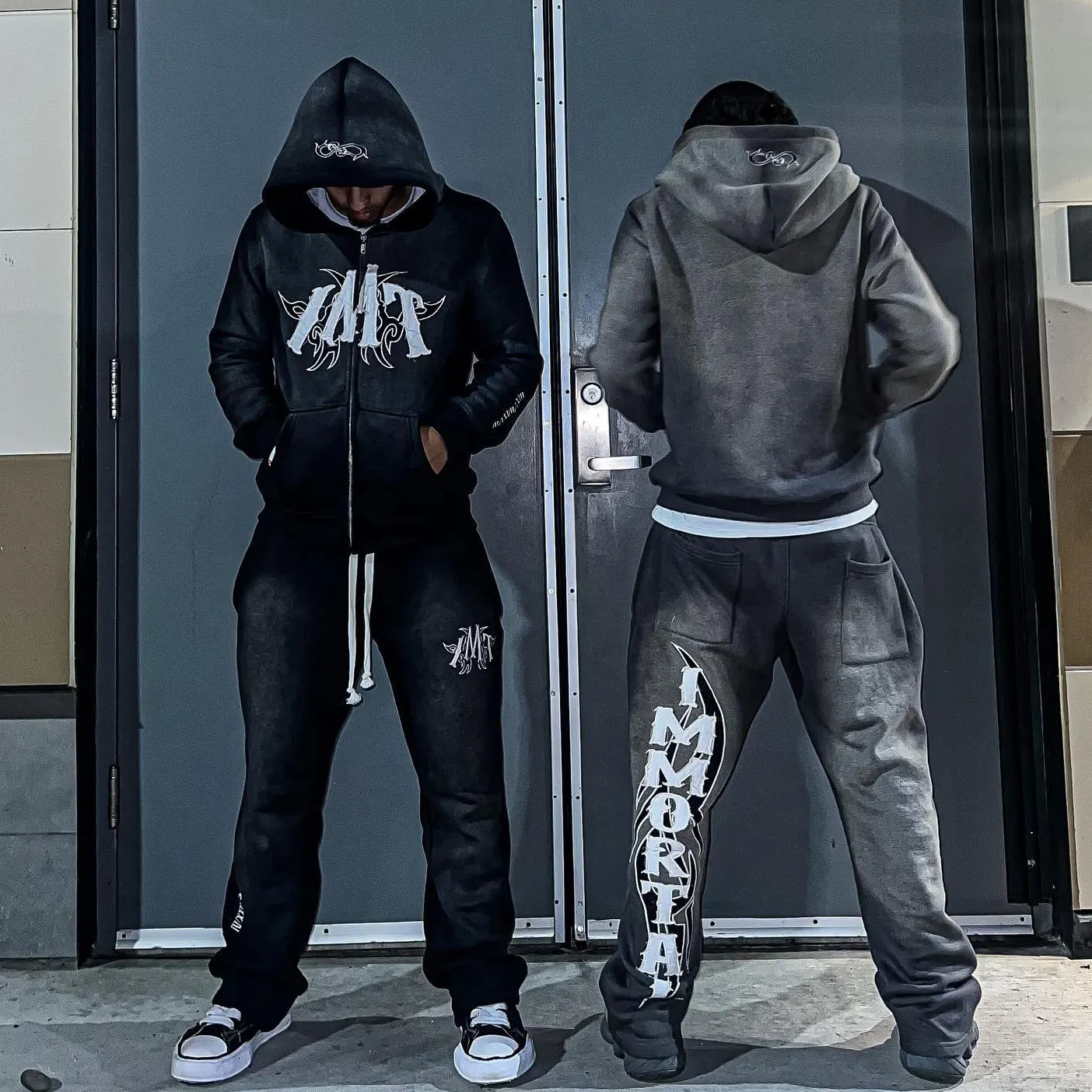 Custom Streetwear Sweatsuit Flare Jogger Sets Custom Trainingspak Joggingbroek En Vintage Was Gewassen Hoodie Set Met Rits Voor Heren