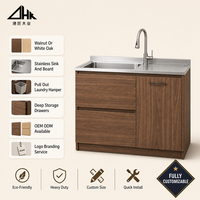 Meuble de lavabo en noyer avec plan de travail en acier inoxydable, panier à linge extractible, armoire de rangement pour buanderie, taille personnalisée