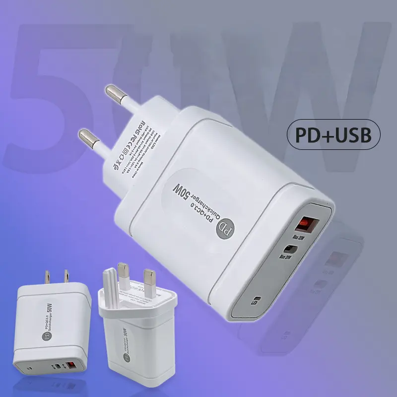 50W 이중 플러그 PD QC3.0 충전기 전원 어댑터 고속 충전 전화 15 범용 벽 충전기 USB EU 미국 영국 플러그