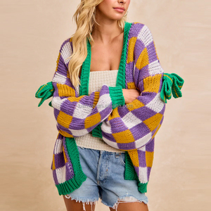 Femmes décontracté Mardi Gras damier nœud décor ouvert Cardigan pull hiver saison avant Logo goutte épaule coupe ample - Product Image 1
