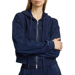 Hoodie en jean court zippé personnalisé pour fille, avec logo imprimé en relief, effet vieilli, épaules tombantes, style streetwear, survêtement - Product Image 6