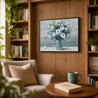 Peinture à l'huile murale encadrée en aluminium noir, motif vase de fleurs bleues et blanches, nature morte sur fond gris, pour hôtels, appartements et cafés (vente en gros)