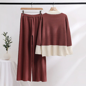 Tz072 Mới 2024 Mùa Thu Sang Trọng Màu Chắp Vá Dài Tay Áo Áo Len + Đan Quần Đặt Phụ Nữ Hai Mảnh Bộ Quần Áo 9 - Product Image 2