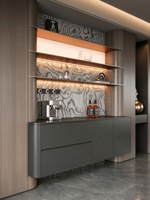 Buffet italien sur mesure, armoire arrondie, étagères métalliques, armoire à vin en verre, panneau en bois de palissandre