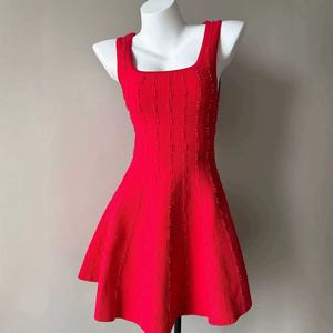 Vestido de Punto Rojo con Cuentas y Cuello Cuadrado para Mujer, Vestido Sexy Ajustado a la Cintura para Fiestas de <span class=keywords><strong>Navidad</strong></span> y Año Nuevo - Product Image 1