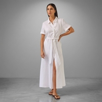 Gaun Kemeja Putih 100% Linen untuk Wanita - Gaun Maxi Lengan Pendek Kancing Depan dengan Belahan Samping & Ikat Pinggang, Bahan Bernapas untuk Musim Panas