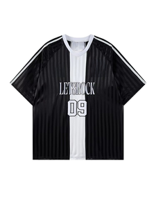 Retro Color-block <b>Striped</b> V-neck Oversized Woven Sports Short-sleeve <b>T</b>-<b>shirt</b> for <b>Men</b> Women Blokecore Ice Silk Jersey - Product Image 2