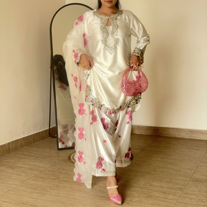 Conjunto de Salwar Kameez de Satén Blanco, Traje Farshi Bordado, Atuendo Étnico para Mujer, para Fiestas, Bodas, Diwali - Product Image 1