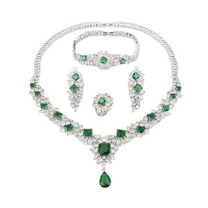 Luxe vert femmes robe de soirée de mariage bijoux grand balancent goutte mariée CZ collier boucles d'oreilles ensembles de bijoux S-0028 - Product Image 5