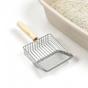 Stainless Steel Cat Litter Scoop With Wooden Handle Fine Mesh Rectangle Shape For Tofu Litter - Product Image 2