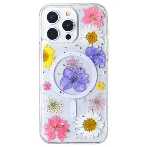 Real Dried Flower Bling Glitter Clear Magnetic Phone Case For iPhone 15 Pro Max 14 13 12 Luxury Phone Case