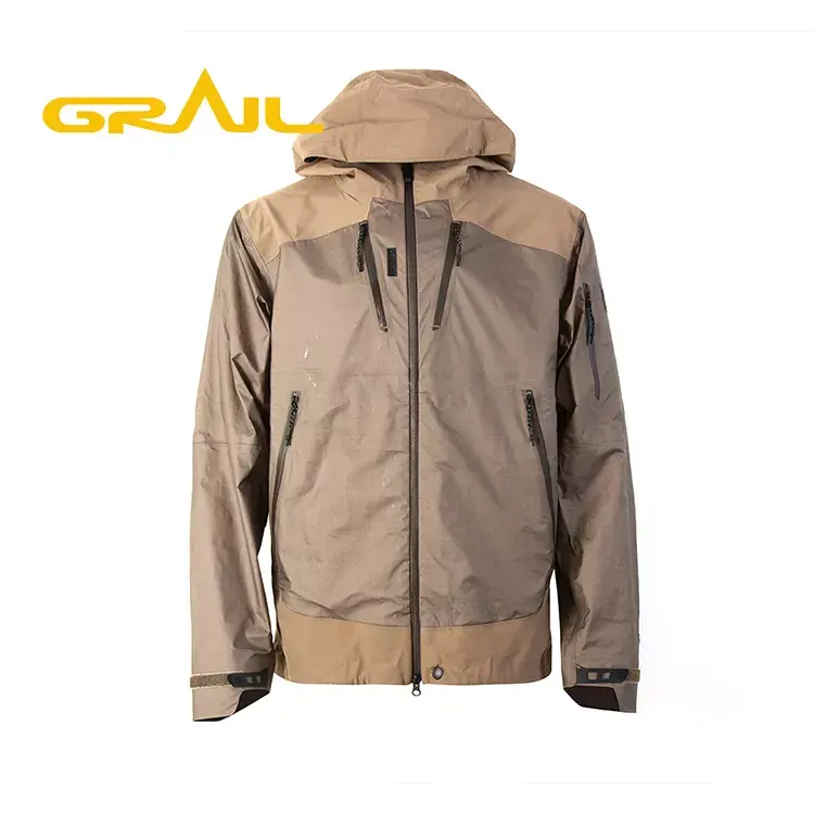Waterproof laminate design hiking khaki stormsuit 3 layered jacket for men