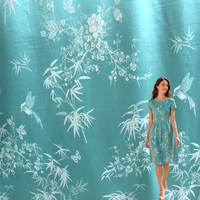 Tissu tissé jacquard cationique bleu sarcelle à motif floral chinoiserie, 95% polyester, 5% élasthanne, pour robe