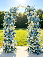 Arche florale de luxe bleu et blanc en corne d'ox artificielle, arrangement de roses en soie et d'hortensias pour la décoration de fond de scène de mariage