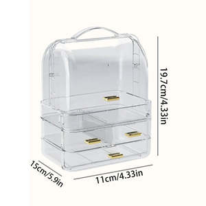 Table de toilette de luxe, boîte de rangement cosmétique transparente anti-poussière avec 3 <span class=keywords><strong>tiroirs</strong></span> et couvercle anti-poussière pour pinceaux, parfums, soins de la peau - Product Image 4