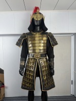 Ensemble d'armure de général chinois antique, costume de guerrier noir et or, casque de bête dorée, reconstitution historique, performance scénique