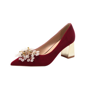<b>Red</b> Velvet Slip-On Bridal Pumps Pointed Toe Block <b>Heel</b> Rhinestone Decoration Comfortable Wedding Shoes - Product Image 5
