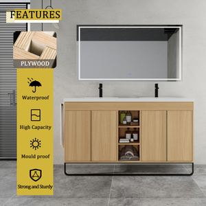 Meuble-lavabo autoportant de 60 po avec double vasque <span class=keywords><strong>en</strong></span> résine, 4 portes à fermeture amortie et 3 étagères ouvertes, emballage KD, contreplaqué - Product Image 2