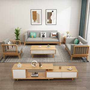 Juego de sofá modular en forma de L de madera maciza y tela para sala de estar, color madera natural, con otomana y silla - Product Image 2