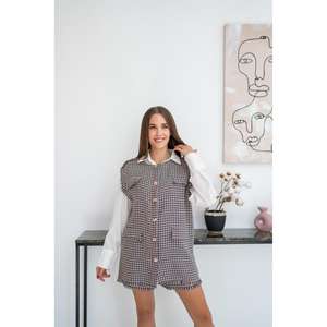 Ensemble gilet et short en tweed pour femme style preppy, motif pied-de-poule bleu, manches longues, respirant - Product Image 3