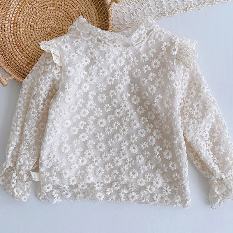 Girls Little Daisy Shirt 2020 Autumn Baby Korean Version All-match Western Lace Flying Sleeve Solid Color Top