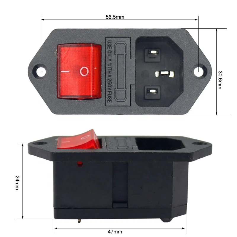 250V 10A screw mount C13 C14 male socket panel ac dc socket with fuse and rocker switch ac power connector