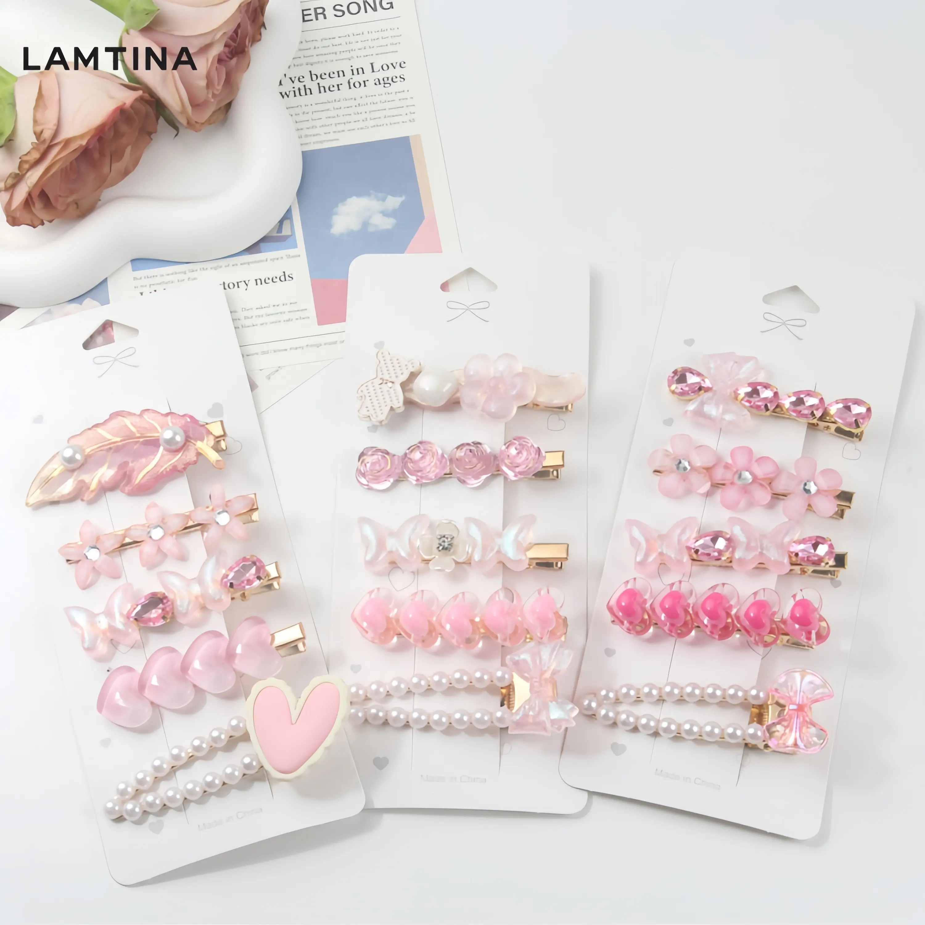 5pcs/set Wholesale High Quality Design Cute Heart Flower Pearl Hair Clip Hairpin Pink Hair Accessory Set for Kid Women Girls