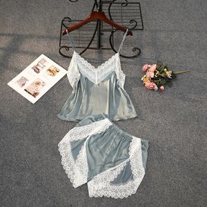 Pyjama court deux pièces Sexy pour femmes, ensemble de nuit, dentelle, soie, Satin, joli, vêtements de nuit d'été - Product Image 6