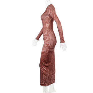 Robe moulante décontractée pour femme à manches longues et col rond, imprimé vagues, tendance - Grande Vente - Product Image 5