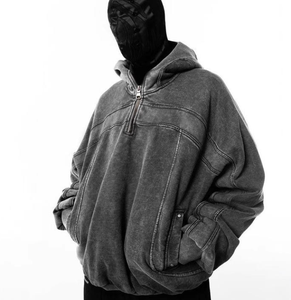 Sudadera con capucha y cremallera lavada con ácido para hombre personalizada al por mayor, pedido mínimo bajo, estilo retro con hombros caídos - Product Image 4